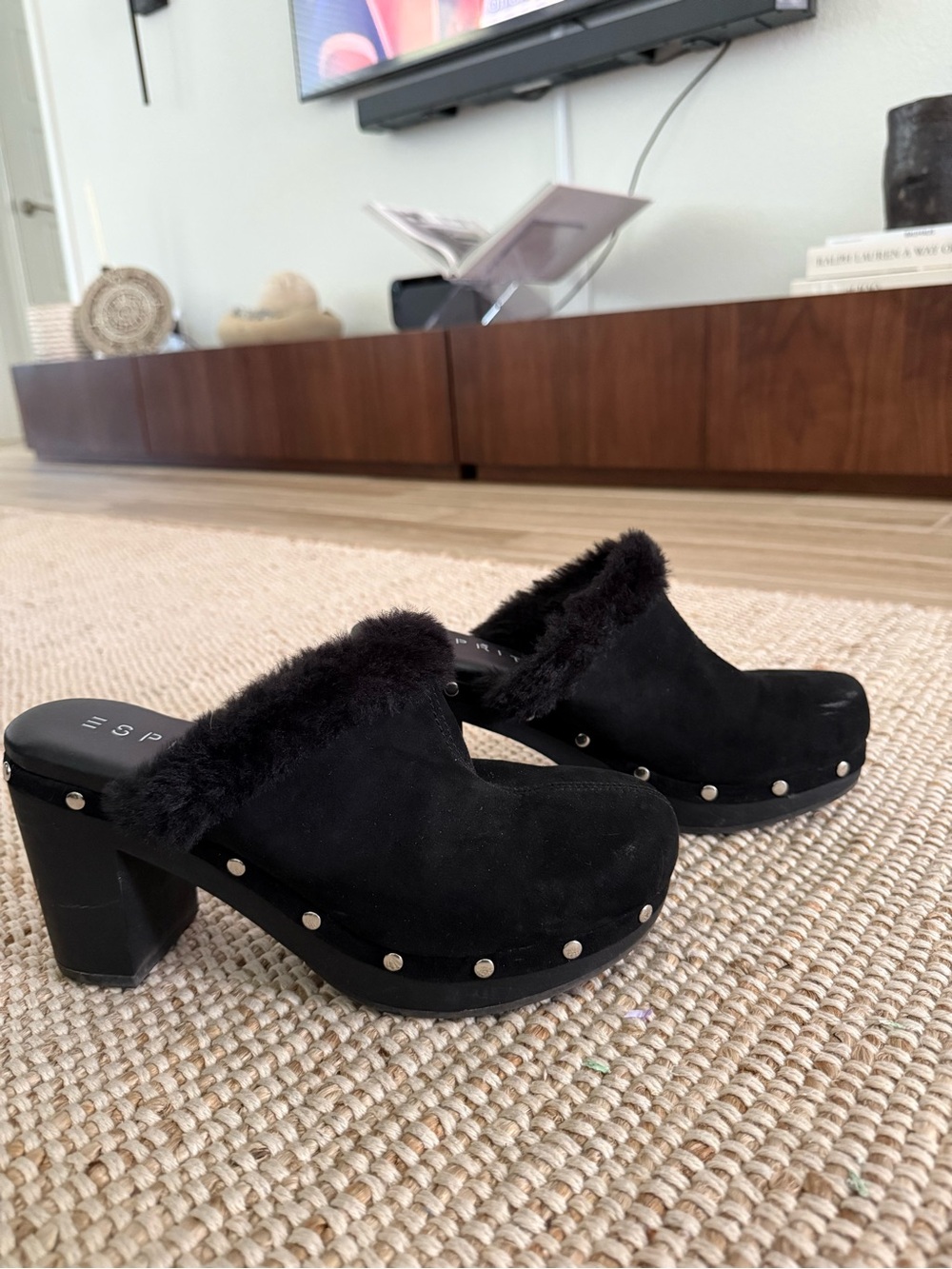 Esprit Black Faux Fur Studded Block Heel Clogs - Size 8